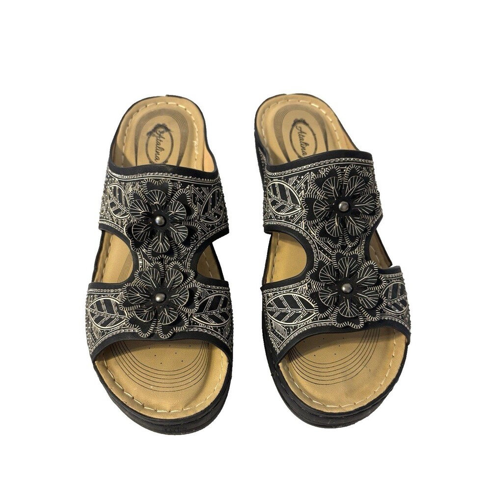 Atalina black mid-wedge sandals silver embroidery floral leaf design size 8 1/2